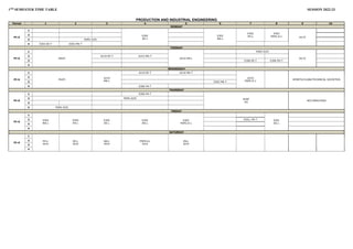 1TH SEMESTER TIME TABLE SESSION 2022-23
PRODUCTION AND INDUSTRIAL ENGINEERING
Period 1 2 3 4 5 6 7 8 9 10
MONDAY
PI-A
1
E302
EE-L
E302
MA-L
E302
PH-L
E302
PSPS-II-L AU-II
2
3 PSPS-II(P)
4 E303 EE-T E303 MA-T
TUESDAY
PI-A
1
EN(P) A210 EN-L
PSPS-II(P)
AU-II
2 A210 EE-T A210 MA-T
3 E306 EE-T E306 PH-T
4
WEDNESDAY
PI-A
1
PH(P)
A210
MA-L
A210 EE-T A210 MA-T
A210
PSPS-II-L
SPORTS/CLUBS/TECHNICAL SOCIETIES
2
3 E303 MA-T
4 E306 PH-T
THURSDAY
PI-A
1 E306 PH-T
EHGF
EG
NCC/NSS/YOGA
2 PSPS-II(P)
3
4 PSPS-II(P)
FRIDAY
PI-A
1
E302
MA-L
E302
PH-L
E302
EE-L
E302
EN-L
E302
PSPS-II-L
E201
EG-L
2 E201; PH-T
3
4
SATURDAY
PI-A
1
PH-L
A210
EE-L
A210
MA-L
A210
PSPS-II-L
A210
EN-L
A210
2
3
4
 