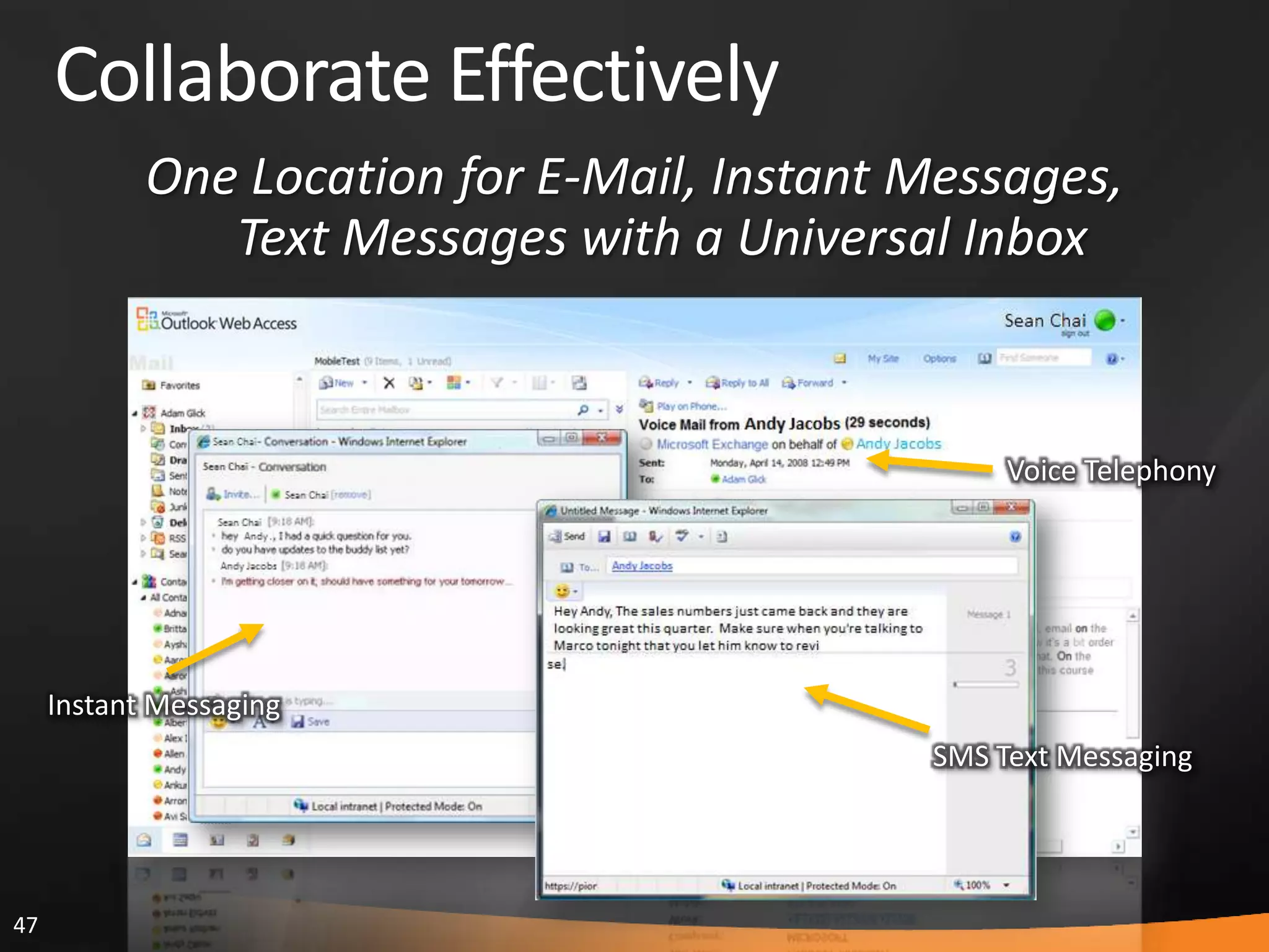 47
Collaborate Effectively
One Location for E-Mail, Instant Messages,
Text Messages with a Universal Inbox
Voice Telephony
Instant Messaging
SMS Text Messaging
 