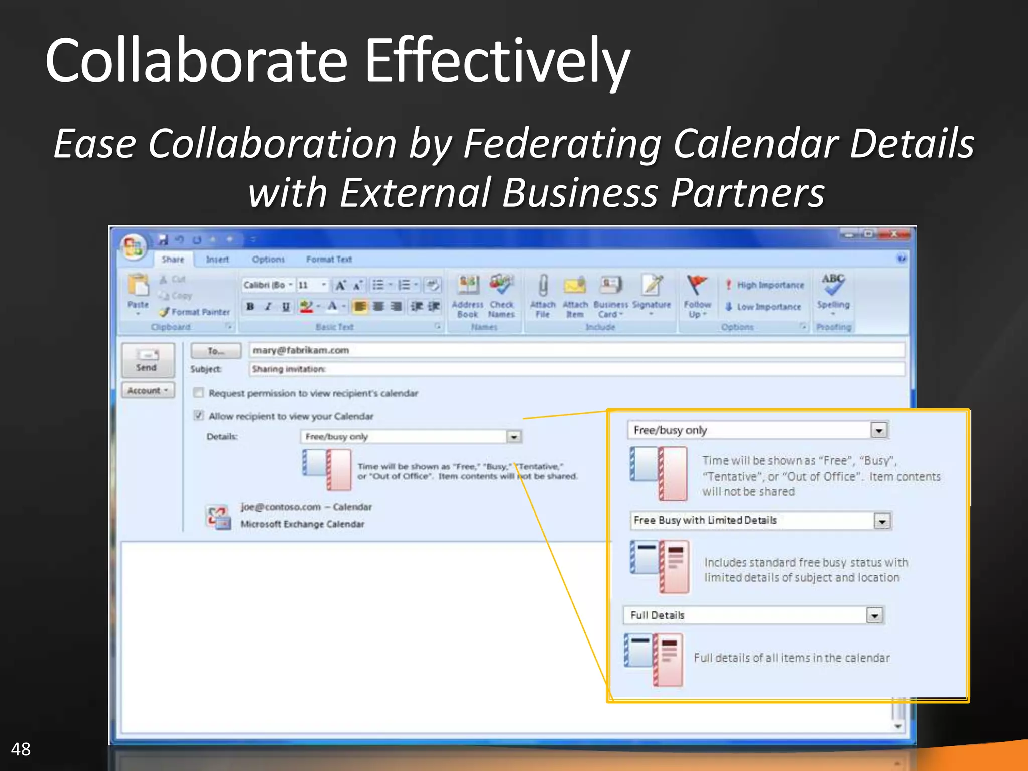 48
Collaborate Effectively
Ease Collaboration by Federating Calendar Details
with External Business Partners
 