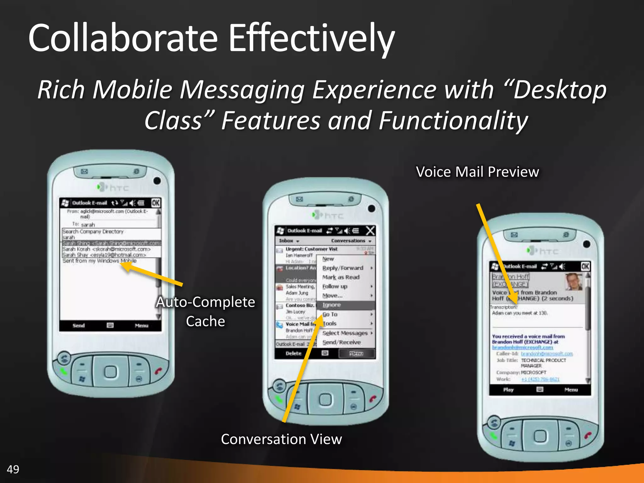 49
Collaborate Effectively
Rich Mobile Messaging Experience with “Desktop
Class” Features and Functionality
Auto-Complete
Cache
Conversation View
Voice Mail Preview
 