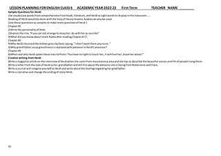 LESSON PLANNING FORENGLISH CLASS 6 ACADEMIC YEAR 2022-23 First Term TEACHER NAME
10
Sample Questionsfor Heidi:
Use vocabularywordsfromcomprehensionfrombook,literature,andHeidi assightwordsto displayinthe classroom.....
Readingof Heidi wouldbe done withthe helpof librarylessons.Audioscanalsobe used.
(Use these questionsassamplestomake more questionsof Heidi.)
Chapter#1
1)Write the personalityof Dete.
2)Explainthe line,"if youcannotarrange to keepher,do withheras youlike"
3)What didyouknowabout Uncle AlphaafterreadingChapter# 1?
Chapter#2
4)Why Heidi returnedthe clothesgivenbyDete saying,"Ishan'twantthemanymore."
5)Why grandfatherusual grouchinessisreplacedwithpatience inHeidi'spresence?
Chapter#3
6)Whenand whyHeidi spoke these linestoPeter,"Youhave norighttotouch her,it will hurther,leave heralone!"
Creative writing from Heidi:
Write a magazine article onthe interviewof Heidiwhenshe came frommountainousareaandshe has to describe the beautiful scenesandlifeof peoplelivingthere.
Write a letterfromthe side of Heidi toher grandfatherandtell himaboutthe behaviorshe isfacingfromRottemeierandClara.
Write a journal and imagine yourself asHeidi andwrite aboutthe feelingsregardinghergradfather.
Write a narrative and change the endingof storyHeidi.
 