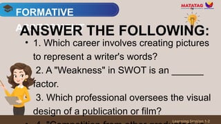 • 1. Which career involves creating pictures
to represent a writer's words?
• 2. A "Weakness" in SWOT is an ______
factor.
• 3. Which professional oversees the visual
design of a publication or film?
FORMATIVE
ASSESSMENT
Learning Session 1-2
ANSWER THE FOLLOWING:
 