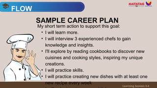 My short term action to support this goal:
• I will learn more.
• I will interview 3 experienced chefs to gain
knowledge and insights.
• I'll explore by reading cookbooks to discover new
cuisines and cooking styles, inspiring my unique
creations.
• I will practice skills.
• I will practice creating new dishes with at least one
new recipe every week
FLOW
Learning Session 3-4
SAMPLE CAREER PLAN
 