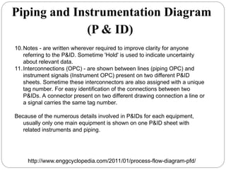 10.Notes - are written wherever required to improve clarity for anyone
referring to the P&ID. Sometime 'Hold' is used to indicate uncertainty
about relevant data.
11.Interconnections (OPC) - are shown between lines (piping OPC) and
instrument signals (Instrument OPC) present on two different P&ID
sheets. Sometime these interconnectors are also assigned with a unique
tag number. For easy identification of the connections between two
P&IDs. A connector present on two different drawing connection a line or
a signal carries the same tag number.
Because of the numerous details involved in P&IDs for each equipment,
usually only one main equipment is shown on one P&ID sheet with
related instruments and piping.
Piping and Instrumentation Diagram
(P & ID)
http://www.enggcyclopedia.com/2011/01/process-flow-diagram-pfd/
 