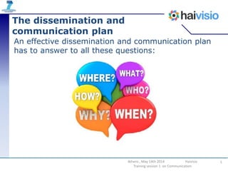 The dissemination and
communication plan
An effective dissemination and communication plan
has to answer to all these questions:
1Athens , May 14th 2014 Haivisio
Training session 1 on Communication
 