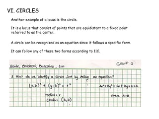 VI. CIRCLES
Another example of a locus is the circle.
It is a locus that consist of points that are equidistant to a fixed point
referred to as the center.
A circle can be recognized as an equation since it follows a specific form.
It can follow any of these two forms according to 11C.
 