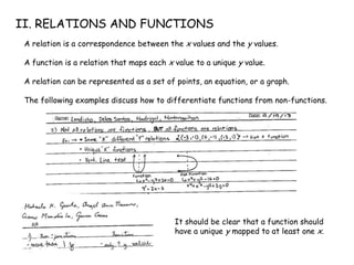 II. RELATIONS AND FUNCTIONS
A relation is a correspondence between the x values and the y values.
A function is a relation that maps each x value to a unique y value.
A relation can be represented as a set of points, an equation, or a graph.
The following examples discuss how to differentiate functions from non-functions.
It should be clear that a function should
have a unique y mapped to at least one x.
 