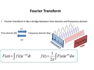 • Fourier transform is like a bridge between time domain and frequency domain

 
 



 

d
e
F
t
f
dt
e
t
f
F t
j
t
j
)
(
2
1
)
(
)
(
)
(
Fourier Transform
Time domain f(t) Frequency domain f(w)
FT
IFT
 