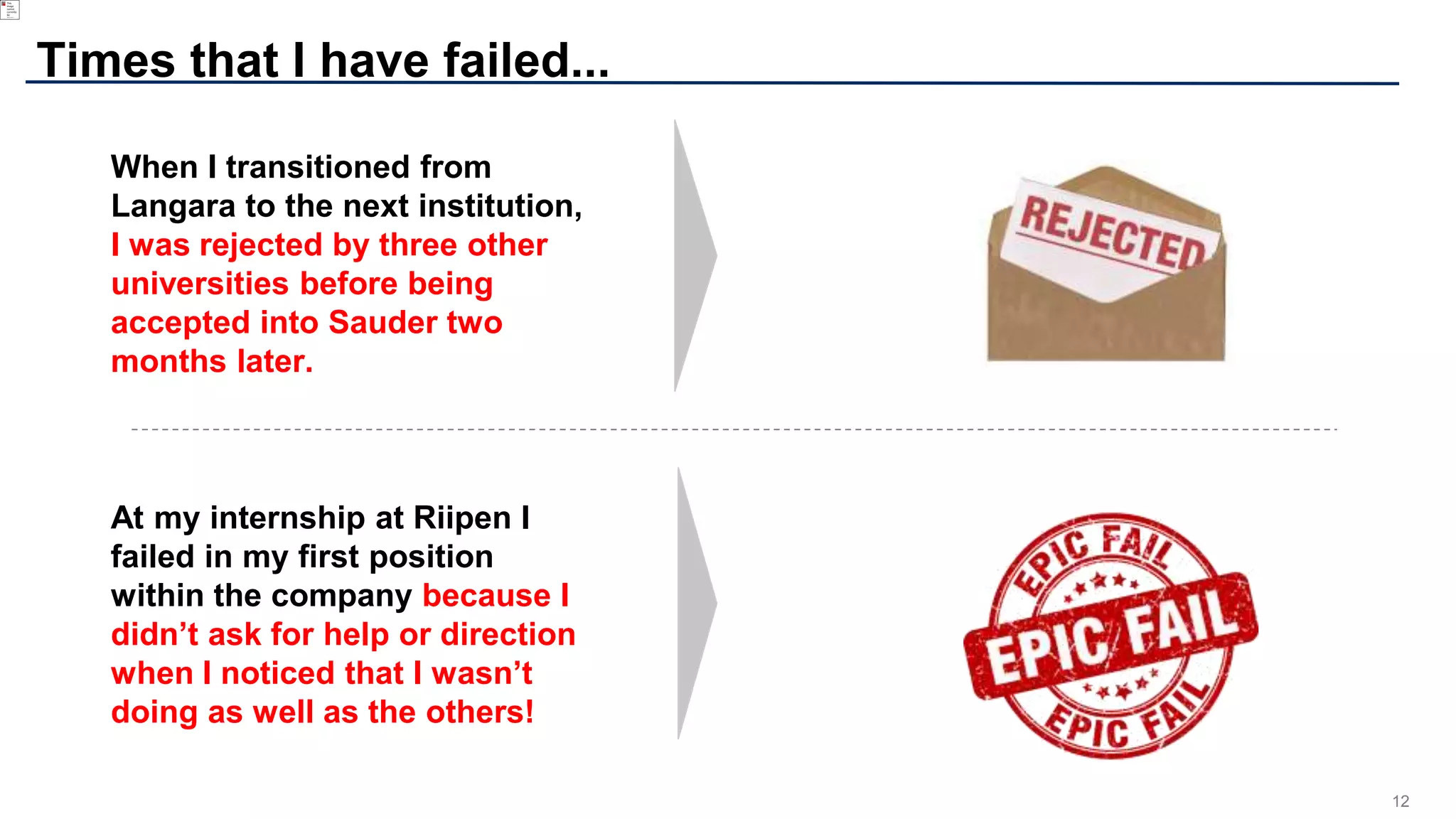 12
Times that I have failed...
At my internship at Riipen I
failed in my first position
within the company because I
didn’t ask for help or direction
when I noticed that I wasn’t
doing as well as the others!
When I transitioned from
Langara to the next institution,
I was rejected by three other
universities before being
accepted into Sauder two
months later.
 