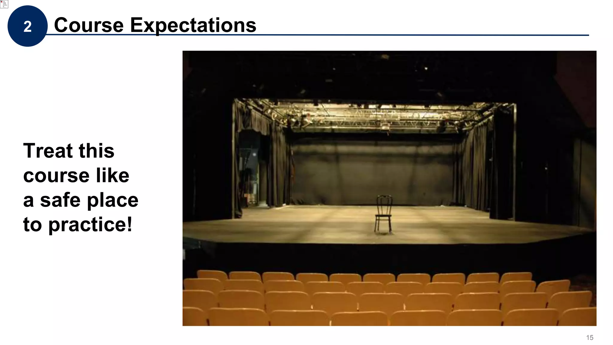 15
2 Course Expectations
Treat this
course like
a safe place
to practice!
 