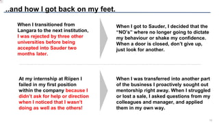 13
..and how I got back on my feet.
At my internship at Riipen I
failed in my first position
within the company because I
didn’t ask for help or direction
when I noticed that I wasn’t
doing as well as the others!
When I was transferred into another part
of the business I proactively sought out
mentorship right away. When I struggled
or lost a sale, I asked questions from my
colleagues and manager, and applied
them in my own way.
When I transitioned from
Langara to the next institution,
I was rejected by three other
universities before being
accepted into Sauder two
months later.
When I got to Sauder, I decided that the
“NO’s” where no longer going to dictate
my behaviour or shake my confidence.
When a door is closed, don’t give up,
just look for another.
 