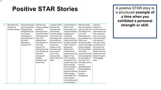 Positive STAR Stories A positive STAR story is
a structured example of
a time when you
exhibited a personal
strength or skill.
 