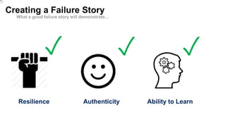 Creating a Failure Story
Resilience Authenticity Ability to Learn
✓ ✓ ✓
What a good failure story will demonstrate...
 