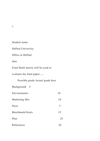 1
Student name
DePaul University
Office at DePaul
date
Final Draft matrix will be used to
evaluate the final paper…..
Possible grade Actual grade here
Background 5
Environments 10
Marketing Mix 10
Swot 5
Benchmark/Goals 15
Plan 25
References 10
 