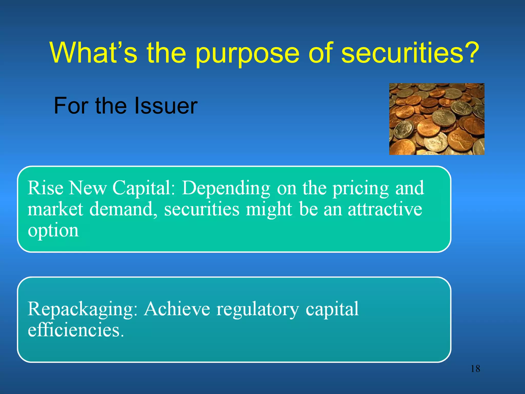 What’s the purpose of securities?
For the Issuer




                                18
 