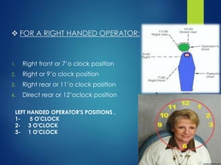  FOR A RIGHT HANDED OPERATOR:
1. Right front or 7’o clock position
2. Right or 9’o clock position
3. Right rear or 11’o clock position
4. Direct rear or 12’oclock position
LEFT HANDED OPERATOR'S POSITIONS ,
1- 5 O'CLOCK
2- 3 O'CLOCK
3- 1 O'CLOCK
 