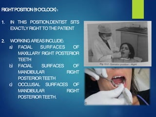 RIGHTPOSITION(9O'CLOCK):
1. IN THIS POSITION,DENTIST SITS
EXACTLYRIGHTTOTHEPATIENT
2. WORKINGAREASINCLUDE:
a) FACIAL SURFACES OF
MAXILLARY RIGHT POSTERIOR
TEETH
b) FACIAL SURFACES OF
MANDIBULAR RIGHT
POSTERIORTEETH
c) OCCLUSAL SURFACES OF
MANDIBULAR RIGHT
POSTERIORTEETH.
 