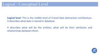 Logical / Conceptual Level
Logical level: This is the middle level of 3-level data abstraction architecture.
It describes what data is stored in database.
It describes what will be the entities, what will be their attributes and
relationships between them.
 