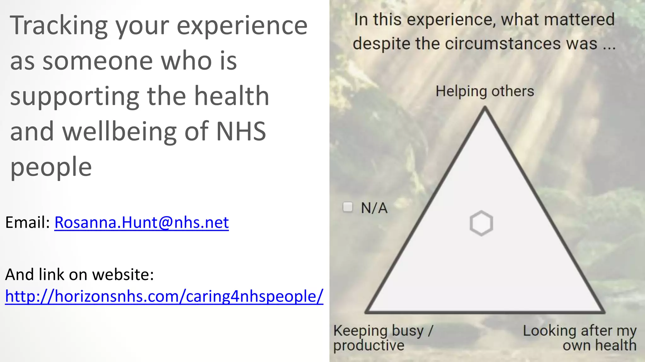 Tracking your experience
as someone who is
supporting the health
and wellbeing of NHS
people
Email: Rosanna.Hunt@nhs.net
And link on website:
http://horizonsnhs.com/caring4nhspeople/
 