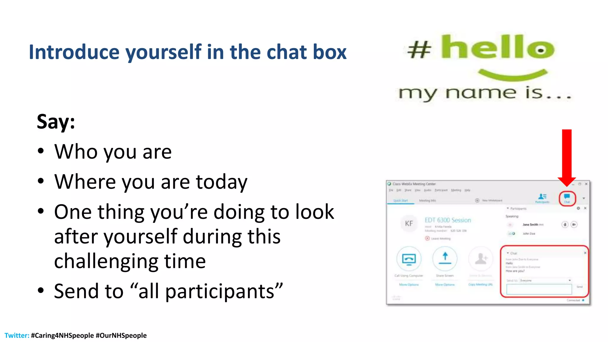 Twitter: #Caring4NHSpeople #OurNHSpeople
Introduce yourself in the chat box
Say:
• Who you are
• Where you are today
• One thing you’re doing to look
after yourself during this
challenging time
• Send to “all participants”
 