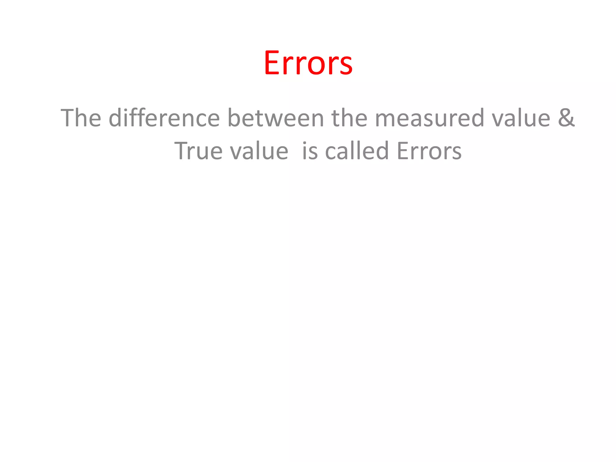 Errors
The difference between the measured value &
True value is called Errors
 
