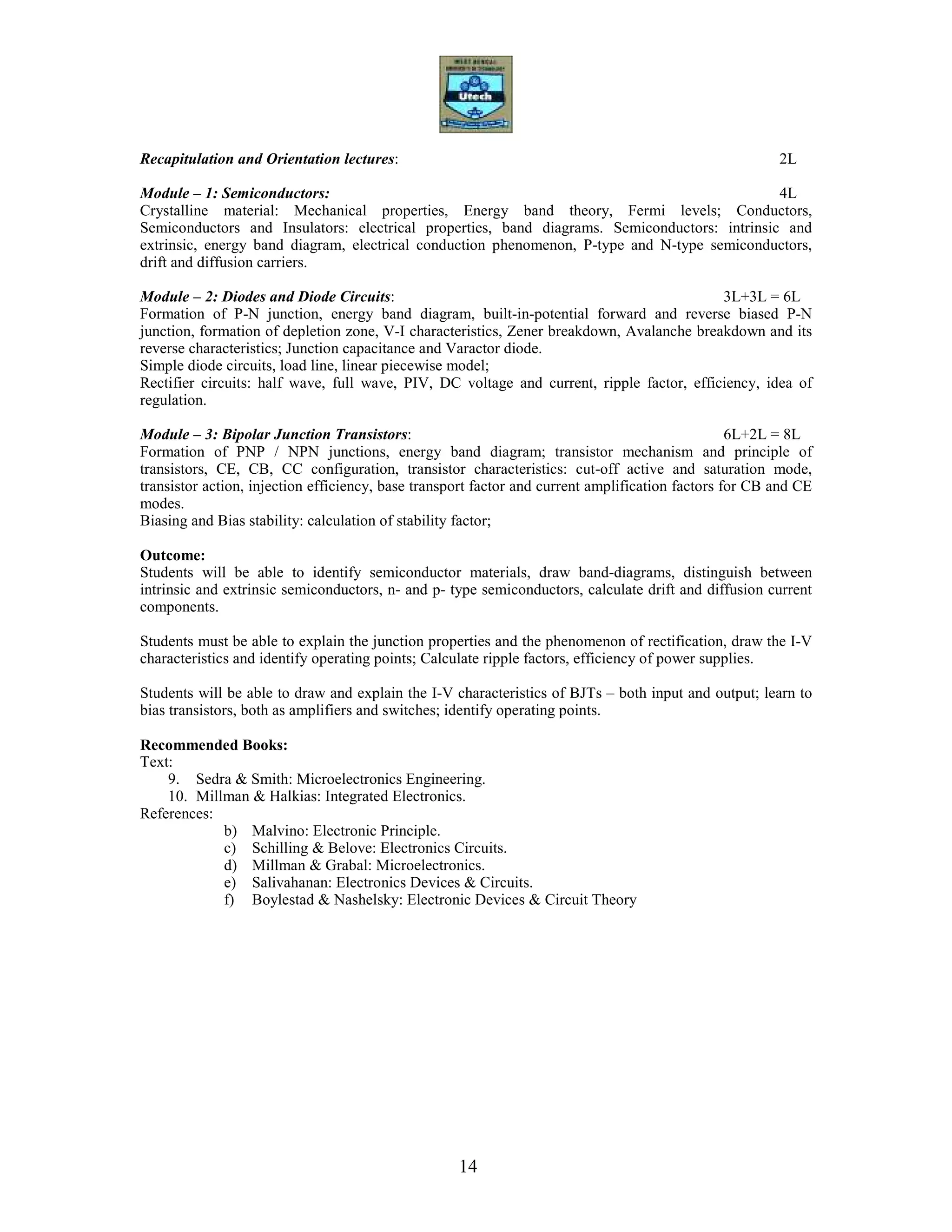 14
Recapitulation and Orientation lectures: 2L
Module – 1: Semiconductors: 4L
Crystalline material: Mechanical properties, Energy band theory, Fermi levels; Conductors,
Semiconductors and Insulators: electrical properties, band diagrams. Semiconductors: intrinsic and
extrinsic, energy band diagram, electrical conduction phenomenon, P-type and N-type semiconductors,
drift and diffusion carriers.
Module – 2: Diodes and Diode Circuits: 3L+3L = 6L
Formation of P-N junction, energy band diagram, built-in-potential forward and reverse biased P-N
junction, formation of depletion zone, V-I characteristics, Zener breakdown, Avalanche breakdown and its
reverse characteristics; Junction capacitance and Varactor diode.
Simple diode circuits, load line, linear piecewise model;
Rectifier circuits: half wave, full wave, PIV, DC voltage and current, ripple factor, efficiency, idea of
regulation.
Module – 3: Bipolar Junction Transistors: 6L+2L = 8L
Formation of PNP / NPN junctions, energy band diagram; transistor mechanism and principle of
transistors, CE, CB, CC configuration, transistor characteristics: cut-off active and saturation mode,
transistor action, injection efficiency, base transport factor and current amplification factors for CB and CE
modes.
Biasing and Bias stability: calculation of stability factor;
Outcome:
Students will be able to identify semiconductor materials, draw band-diagrams, distinguish between
intrinsic and extrinsic semiconductors, n- and p- type semiconductors, calculate drift and diffusion current
components.
Students must be able to explain the junction properties and the phenomenon of rectification, draw the I-V
characteristics and identify operating points; Calculate ripple factors, efficiency of power supplies.
Students will be able to draw and explain the I-V characteristics of BJTs – both input and output; learn to
bias transistors, both as amplifiers and switches; identify operating points.
Recommended Books:
Text:
9. Sedra & Smith: Microelectronics Engineering.
10. Millman & Halkias: Integrated Electronics.
References:
b) Malvino: Electronic Principle.
c) Schilling & Belove: Electronics Circuits.
d) Millman & Grabal: Microelectronics.
e) Salivahanan: Electronics Devices & Circuits.
f) Boylestad & Nashelsky: Electronic Devices & Circuit Theory
 