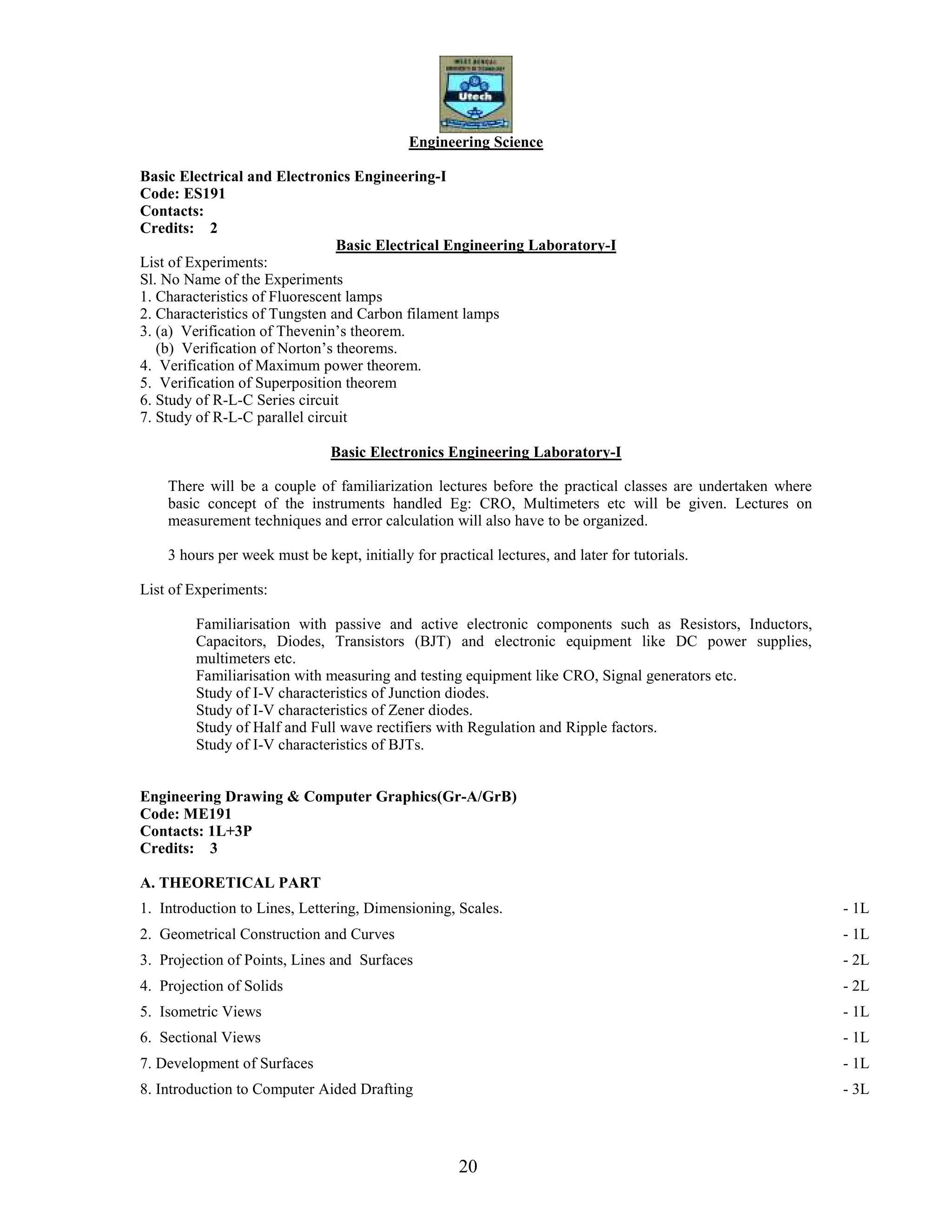 20
Engineering Science
Basic Electrical and Electronics Engineering-I
Code: ES191
Contacts:
Credits: 2
Basic Electrical Engineering Laboratory-I
List of Experiments:
Sl. No Name of the Experiments
1. Characteristics of Fluorescent lamps
2. Characteristics of Tungsten and Carbon filament lamps
3. (a) Verification of Thevenin’s theorem.
(b) Verification of Norton’s theorems.
4. Verification of Maximum power theorem.
5. Verification of Superposition theorem
6. Study of R-L-C Series circuit
7. Study of R-L-C parallel circuit
Basic Electronics Engineering Laboratory-I
There will be a couple of familiarization lectures before the practical classes are undertaken where
basic concept of the instruments handled Eg: CRO, Multimeters etc will be given. Lectures on
measurement techniques and error calculation will also have to be organized.
3 hours per week must be kept, initially for practical lectures, and later for tutorials.
List of Experiments:
Familiarisation with passive and active electronic components such as Resistors, Inductors,
Capacitors, Diodes, Transistors (BJT) and electronic equipment like DC power supplies,
multimeters etc.
Familiarisation with measuring and testing equipment like CRO, Signal generators etc.
Study of I-V characteristics of Junction diodes.
Study of I-V characteristics of Zener diodes.
Study of Half and Full wave rectifiers with Regulation and Ripple factors.
Study of I-V characteristics of BJTs.
Engineering Drawing & Computer Graphics(Gr-A/GrB)
Code: ME191
Contacts: 1L+3P
Credits: 3
A. THEORETICAL PART
1. Introduction to Lines, Lettering, Dimensioning, Scales. - 1L
2. Geometrical Construction and Curves - 1L
3. Projection of Points, Lines and Surfaces - 2L
4. Projection of Solids - 2L
5. Isometric Views - 1L
6. Sectional Views - 1L
7. Development of Surfaces - 1L
8. Introduction to Computer Aided Drafting - 3L
 
