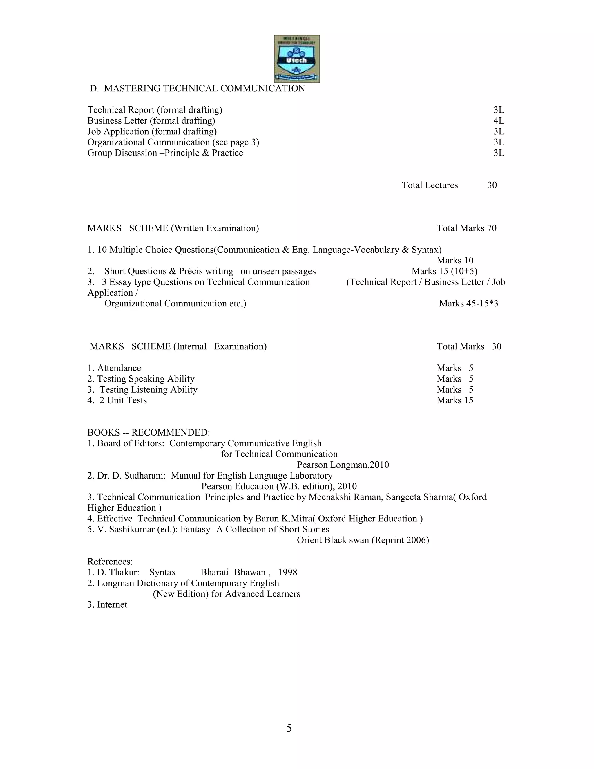 5
D. MASTERING TECHNICAL COMMUNICATION
Technical Report (formal drafting) 3L
Business Letter (formal drafting) 4L
Job Application (formal drafting) 3L
Organizational Communication (see page 3) 3L
Group Discussion –Principle & Practice 3L
Total Lectures 30
MARKS SCHEME (Written Examination) Total Marks 70
1. 10 Multiple Choice Questions(Communication & Eng. Language-Vocabulary & Syntax)
Marks 10
2. Short Questions & Précis writing on unseen passages Marks 15 (10+5)
3. 3 Essay type Questions on Technical Communication (Technical Report / Business Letter / Job
Application /
Organizational Communication etc,) Marks 45-15*3
MARKS SCHEME (Internal Examination) Total Marks 30
1. Attendance Marks 5
2. Testing Speaking Ability Marks 5
3. Testing Listening Ability Marks 5
4. 2 Unit Tests Marks 15
BOOKS -- RECOMMENDED:
1. Board of Editors: Contemporary Communicative English
for Technical Communication
Pearson Longman,2010
2. Dr. D. Sudharani: Manual for English Language Laboratory
Pearson Education (W.B. edition), 2010
3. Technical Communication Principles and Practice by Meenakshi Raman, Sangeeta Sharma( Oxford
Higher Education )
4. Effective Technical Communication by Barun K.Mitra( Oxford Higher Education )
5. V. Sashikumar (ed.): Fantasy- A Collection of Short Stories
Orient Black swan (Reprint 2006)
References:
1. D. Thakur: Syntax Bharati Bhawan , 1998
2. Longman Dictionary of Contemporary English
(New Edition) for Advanced Learners
3. Internet
 