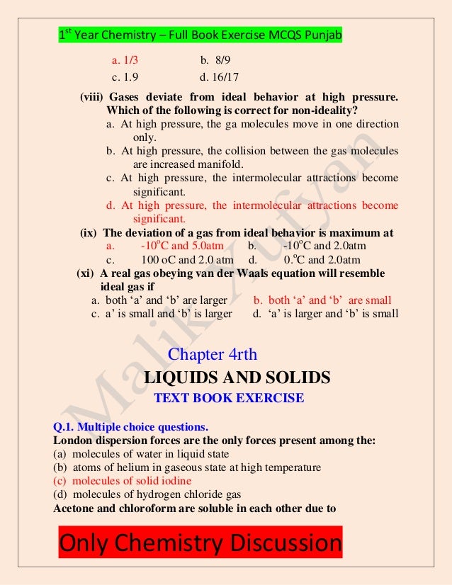 First Year Chemistry Full Book Exercise Mcqs Solved