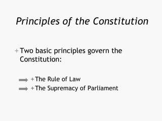 Principles of the Constitution
Two basic principles govern the
Constitution:
The Rule of Law
The Supremacy of Parliament
 