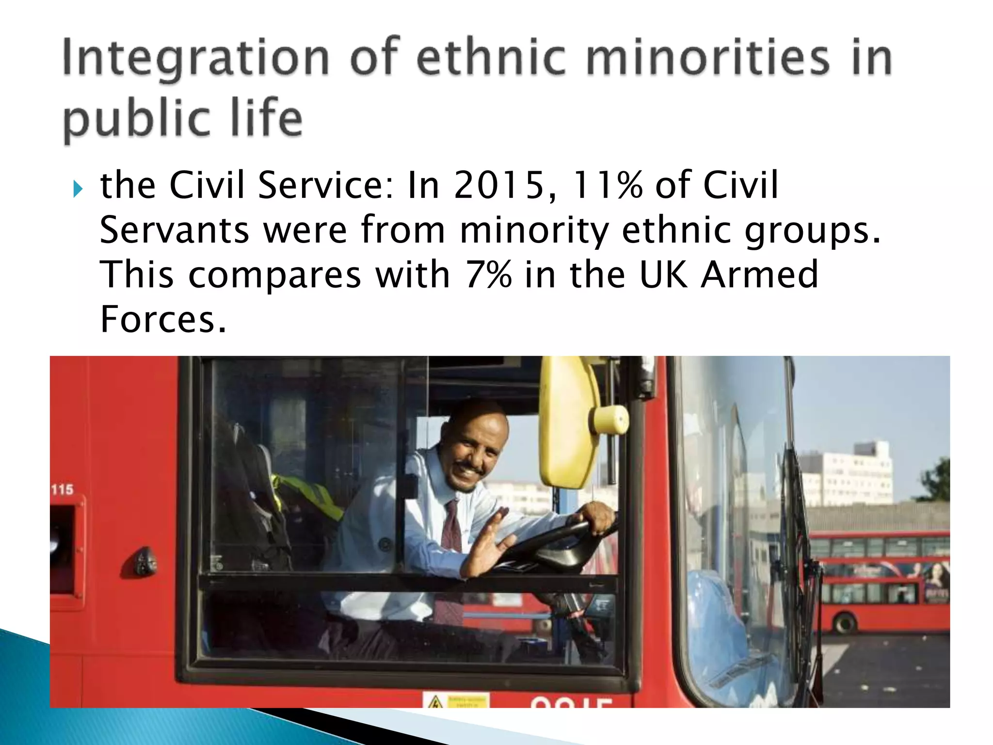  the Civil Service: In 2015, 11% of Civil
Servants were from minority ethnic groups.
This compares with 7% in the UK Armed
Forces.
 