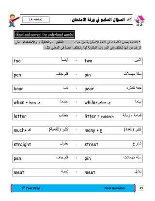 : ‫ﺍﻻﻣﺘﺤﺎﻥ‬ ‫ﻭﺭﻗﺔ‬ ‫ﰲ‬ ‫ﺍﻟﺴﺎﺑﻊ‬ ‫ﺍﻟﺴﺆﺍﻝ‬ 
-Read and correct the underlined words:
‫ﺣﯾث‬ ‫ﻣن‬ ‫اﻹﻧﺟﻠﯾزﯾﺔ‬ ‫اﻟﻠﻐﺔ‬ ‫ﻓﻲ‬ ‫اﻟﻛﻠﻣﺎت‬ ‫ﺑﻌض‬ ‫ﺗﺗﺷﺎﺑﮫ‬ *‫اﻟﻧطق‬‫و‬ ،، ‫اﻟﻛﺗﺎﺑﺔ‬‫وا‬‫ﻻﺳﺗﺧدام‬‫ﻋﻠﻲ‬
: ‫ﻣﺛل‬ ‫اﻟﻣﻌﻧﻲ‬ ‫ﻓﻲ‬ ً‫ﺎ‬‫أﯾﺿ‬ ‫وﺗﺧﺗﻠف‬ ‫ﻟﮭﺎ‬ ‫اﻟﻣﻛوﻧﺔ‬ ‫اﻟﺣروف‬ ‫ﻓﻲ‬ ‫ﺗﺧﺗﻠف‬ ‫أﻧﮭﺎ‬ ‫ﻣن‬ ‫اﻟرﻏم‬
too ً‫ﺎ‬‫أﯾﺿ‬ - two ‫اﺛﻧﯾن‬
pen ‫ﺟﺎف‬ ‫ﻗﻠم‬ - pin ‫ﻣﮭﻣﻼت‬ ‫ﺳﻠﺔ‬
bear ‫دب‬ - pear ‫ﻛﻣﺛره‬ ‫ﺣﺑﺔ‬
when + ‫م‬.‫ﺑﺳﯾط‬ ‫ﻋﻧدﻣﺎ‬ - while+ ‫م‬.‫ﻣﺳﺗﻣر‬ ‫ﺑﯾﻧﻣﺎ‬
letter ‫ﺧطﺎب‬ - litter = rubbish ‫زﺑﺎﻟﺔ‬ ، ‫ﻗﻣﺎﻣﺔ‬
much+ ‫ك‬ ) ‫ﻛﺛﯾر‬‫ﻟﻠﻛﻣﯾﺔ‬( - many + ‫ع‬ ) ‫ﻛﺛﯾر‬‫ﻟﻠﻌدد‬(
straight ‫ﺑطول‬ - street ‫ﺷﺎرع‬
pen ‫ﺟﺎف‬ ‫ﻗﻠم‬ - pin ‫ﻣﮭﻣﻼت‬ ‫ﺳﻠﺔ‬
meat ‫ﻟﺣﻣﺔ‬ - meet ‫ﯾﻘﺎﺑل‬
( 6 marks )
491st
Year Prep Final Revision
 