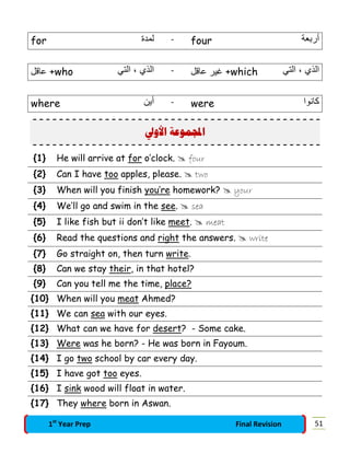 for ‫ﻟﻣدة‬ - four ‫أرﺑﻌﺔ‬
‫ﻋﺎﻗل‬ +who ‫اﻟﺗﻲ‬ ، ‫اﻟذي‬ - ‫ﻋﺎﻗل‬ ‫ﻏﯾر‬ +which ‫اﻟﺗﻲ‬ ، ‫اﻟذي‬
where ‫أﯾن‬ - were ‫ﻛﺎﻧوا‬
‫ﺍﻷﻭﱄ‬ ‫ﻤﻮﻋﺔ‬‫ﺍ‬
{1} He will arrive at for o’clock.  four
{2} Can I have too apples, please.  two
{3} When will you finish you’re homework?  your
{4} We’ll go and swim in the see.  sea
{5} I like fish but ii don’t like meet.  meat
{6} Read the questions and right the answers.  write
{7} Go straight on, then turn write.
{8} Can we stay their, in that hotel?
{9} Can you tell me the time, place?
{10} When will you meat Ahmed?
{11} We can sea with our eyes.
{12} What can we have for desert? - Some cake.
{13} Were was he born? - He was born in Fayoum.
{14} I go two school by car every day.
{15} I have got too eyes.
{16} I sink wood will float in water.
{17} They where born in Aswan.
511st
Year Prep Final Revision
 