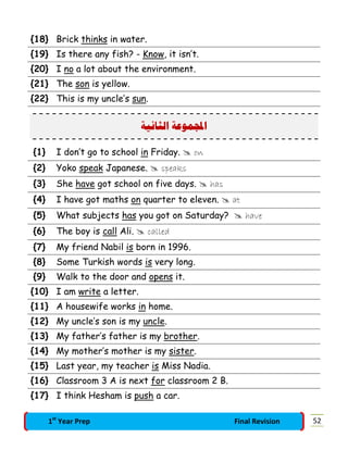 {18} Brick thinks in water.
{19} Is there any fish? - Know, it isn’t.
{20} I no a lot about the environment.
{21} The son is yellow.
{22} This is my uncle’s sun.
‫ﺍﻟﺜﺎﻧﻴﺔ‬ ‫ﻤﻮﻋﺔ‬‫ﺍ‬
{1} I don’t go to school in Friday.  on
{2} Yoko speak Japanese.  speaks
{3} She have got school on five days.  has
{4} I have got maths on quarter to eleven.  at
{5} What subjects has you got on Saturday?  have
{6} The boy is call Ali.  called
{7} My friend Nabil is born in 1996.
{8} Some Turkish words is very long.
{9} Walk to the door and opens it.
{10} I am write a letter.
{11} A housewife works in home.
{12} My uncle’s son is my uncle.
{13} My father’s father is my brother.
{14} My mother’s mother is my sister.
{15} Last year, my teacher is Miss Nadia.
{16} Classroom 3 A is next for classroom 2 B.
{17} I think Hesham is push a car.
521st
Year Prep Final Revision
 