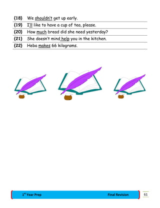 {18} We shouldn’t get up early.
{19} I’ll like to have a cup of tea, please.
{20} How much bread did she need yesterday?
{21} She doesn’t mind help you in the kitchen.
{22} Heba makes 66 kilograms.
611st
Year Prep Final Revision
 