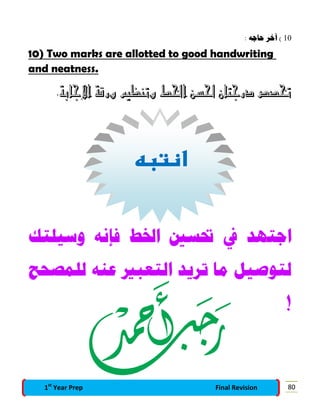 10: ‫ﺣﺎﺟﻪ‬ ‫ﺁﺧﺮ‬ (
10) Two marks are allotted to good handwriting
and neatness.
.‫ﺍﻹﺟﺎﺑﺔ‬ ‫ﻭﺭﻗﺔ‬ ‫ﻭﺗﻨﻈﻴﻢ‬ ‫ﺍﳋﻂ‬ ‫ﳊﺴﻦ‬ ‫ﺩﺭﺟﺘﺎﻥ‬ ‫ﲣﺼﺺ‬
‫ﺍﺟﺘﻬﺪ‬‫ﰲ‬‫ﲢﺴﲔ‬‫ﺍﳋﻂ‬‫ﻓﺈﻧﻪ‬‫ﻭﺳﻴﻠﺘﻚ‬
‫ﻟﺘﻮﺻﻴﻞ‬‫ﻣﺎ‬‫ﺗﺮﻳﺪ‬‫ﺍﻟﺘﻌﺒﲑ‬‫ﻋﻨﻪ‬‫ﻟﻠﻤﺼﺤﺢ‬
!

801st
Year Prep Final Revision
 