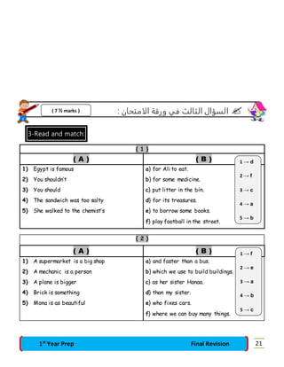 السؤال الثالث في ورقة الامتحان :  
( 7 ½ marks ) 
3-Read and match: 
{ 1 } 
( A ) ( B ) 
1) Egypt is famous a} for Ali to eat. 
2) You shouldn’t b} for some medicine. 
3) You should c} put litter in the bin. 
4) The sandwich was too salty d} for its treasures. 
5) She walked to the chemist’s e} to borrow some books. 
f} play football in the street. 
{ 2 } 
( A ) ( B ) 
1) A supermarket is a big shop a} and faster than a bus. 
2) A mechanic is a person b} which we use to build buildings. 
3) A plane is bigger c} as her sister Hanaa. 
4) Brick is something d} than my sister. 
5) Mona is as beautiful e} who fixes cars. 
f} where we can buy many things. 
1 → d 
2 → f 
3 → c 
4 → a 
5 → b 
1 → f 
2 → e 
3 → a 
4 → b 
5 → c 
1st Year Prep Final Revision 21 
 