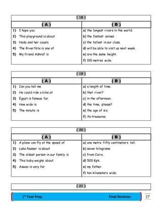 { 18 } 
( A ) ( B ) 
1) I hope you a} the longest rivers in the world. 
2) This playground is about b} the fastest animal. 
3) Hoda and her cousin c} the tallest in our class. 
4) The River Nile is one of d} will be able to visit us next week. 
5) My friend Ashraf is e} are the same height. 
f} 100 metres wide. 
{ 19 } 
( A ) ( B ) 
1) Can you tell me a} a length of time. 
2) He could ride a bike at b} that river? 
3) Egypt is famous for c} in the afternoon. 
4) How wide is d} the time, please? 
5) The minute is e} the age of six. 
f} its treasures. 
{ 20 } 
( A ) ( B ) 
1) A plane can fly at the speed of a} one metre fifty centimeters tall. 
2) Lake Nasser is about b} seven kilograms. 
3) The oldest person in our family is c} from Cairo. 
4) This baby weighs about d} 500 Kph. 
5) Aswan is very far e} my father. 
f} ten kilometers wide. 
{ 21 } 
1st Year Prep Final Revision 27 
 