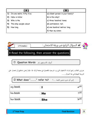 ( A ) ( B ) 
1) I’m one metre fifty-five a} oldest person in your family? 
2) Heba is taller b} is this ship? 
3) Who is the c} three hundred tones. 
4) This ship weighs about d} centimeters tall. 
5) How long e} one hundred metres long. 
f} than my sister. 
السؤال الرابع في ورقة الامتحان :  
( 7 ½ marks ) 
4-Read the following, then answer the questions: 
 Question Words أدوات الاستفهــــــام 
11 ( حتى تستطيع أن تحصل علي - 9 - عزيزي الطالب راجع أدوات الاستفهام التي ورد شرحها بالتفصيل في صفحة ) 8 
الدرجة النهائية في هذا السؤال ...... 
 What does “………..” refer to? ؟..... إلي أي شيء تشير كلمة 
my book I كتابي 
his book He كتابه 
her book She كتابها 
1st Year Prep Final Revision 28 
 