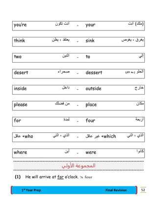 you’re أنت تكون - your )ملك( أنت 
think يعتقد ، يظن - sink يغرق ، يغوص 
two اثنين - to إلي 
desert صحراء - dessert ) الحلو ) بعد الأكل 
inside داخل - outside خارج 
please من فضلك - place مكان 
for لمدة - four أربعة 
عاقل +who غير عاقل - الذي ، التي +which الذي ، التي 
where أين - were كانوا 
المجموعة الأولي 
{1} He will arrive at for o’clock.  four 
1st Year Prep Final Revision 52 
 