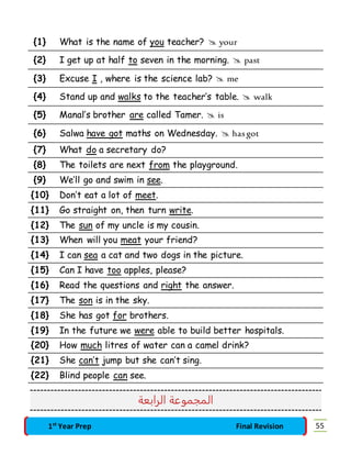{1} What is the name of you teacher?  your 
{2} I get up at half to seven in the morning.  past 
{3} Excuse I , where is the science lab?  me 
{4} Stand up and walks to the teacher’s table.  walk 
{5} Manal’s brother are called Tamer.  is 
{6} Salwa have got maths on Wednesday.  has got 
{7} What do a secretary do? 
{8} The toilets are next from the playground. 
{9} We’ll go and swim in see. 
{10} Don’t eat a lot of meet. 
{11} Go straight on, then turn write. 
{12} The sun of my uncle is my cousin. 
{13} When will you meat your friend? 
{14} I can sea a cat and two dogs in the picture. 
{15} Can I have too apples, please? 
{16} Read the questions and right the answer. 
{17} The son is in the sky. 
{18} She has got for brothers. 
{19} In the future we were able to build better hospitals. 
{20} How much litres of water can a camel drink? 
{21} She can’t jump but she can’t sing. 
{22} Blind people can see. 
المجموعة الرابعة 
1st Year Prep Final Revision 55 
 