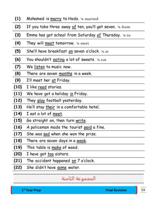 {1} Mohamed is marry to Hoda.  married 
{2} If you take three away of ten, you’ll get seven.  from 
{3} Emma has got school from Saturday of Thursday.  to 
{4} They will meat tomorrow.  meet 
{5} She’ll have breakfast on seven o’clock.  at 
{6} You shouldn’t eating a lot of sweets.  eat 
{7} We listen to music now. 
{8} There are seven months in a week. 
{9} I’ll meet her at Friday. 
{10} I like read stories. 
{11} We have got a holiday in Friday. 
{12} They play football yesterday. 
{13} He’ll stay their in a comfortable hotel. 
{14} I eat a lot of meet. 
{15} Go straight on, then turn write. 
{16} A policeman made the tourist paid a fine. 
{17} She was sad when she won the prize. 
{18} There are seven days in a weak. 
{19} This table is make of wood. 
{20} I have got too sisters. 
{21} The accident happened on 7 o’clock. 
{22} She didn’t have some water. 
المجموعة الثامنة 
1st Year Prep Final Revision 59 
 