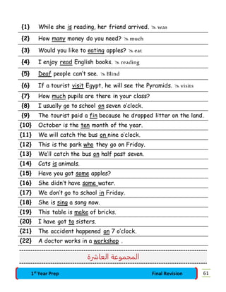 {1} While she is reading, her friend arrived.  was 
{2} How many money do you need?  much 
{3} Would you like to eating apples?  eat 
{4} I enjoy read English books.  reading 
{5} Deaf people can’t see.  Blind 
{6} If a tourist visit Egypt, he will see the Pyramids.  visits 
{7} How much pupils are there in your class? 
{8} I usually go to school on seven o’clock. 
{9} The tourist paid a fin because he dropped litter on the land. 
{10} October is the ten month of the year. 
{11} We will catch the bus on nine o’clock. 
{12} This is the park who they go on Friday. 
{13} We’ll catch the bus on half past seven. 
{14} Cats is animals. 
{15} Have you got some apples? 
{16} She didn’t have some water. 
{17} We don’t go to school in Friday. 
{18} She is sing a song now. 
{19} This table is make of bricks. 
{20} I have got to sisters. 
{21} The accident happened on 7 o’clock. 
{22} A doctor works in a workshop . 
المجموعة العاشرة 
1st Year Prep Final Revision 61 
 