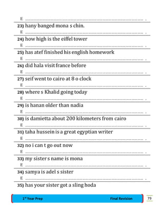  …………………………………………………………………………………………………………… . 
23) hany banged mona s chin. 
 …………………………………………………………………………………………………………… . 
24) how high is the eiffel tower 
 …………………………………………………………………………………………………………… . 
25) has atef finished his english homework 
 …………………………………………………………………………………………………………… . 
26) did hala visit france before 
 …………………………………………………………………………………………………………… . 
27) seif went to cairo at 8 o clock 
 …………………………………………………………………………………………………………… . 
28) where s Khalid going today 
 …………………………………………………………………………………………………………… . 
29) is hanan older than nadia 
 …………………………………………………………………………………………………………… . 
30) is damietta about 200 kilometers from cairo 
 …………………………………………………………………………………………………………… . 
31) taha hussein is a great egyptian writer 
 …………………………………………………………………………………………………………… . 
32) no i can t go out now 
 …………………………………………………………………………………………………………… . 
33) my sister s name is mona 
 …………………………………………………………………………………………………………… . 
34) samya is adel s sister 
 …………………………………………………………………………………………………………… . 
35) has your sister got a sling hoda 
1st Year Prep Final Revision 79 
 