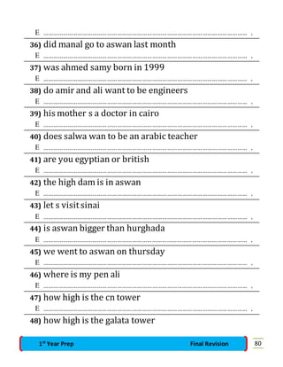 …………………………………………………………………………………………………………… . 
36) did manal go to aswan last month 
 …………………………………………………………………………………………………………… . 
37) was ahmed samy born in 1999 
 …………………………………………………………………………………………………………… . 
38) do amir and ali want to be engineers 
 …………………………………………………………………………………………………………… . 
39) his mother s a doctor in cairo 
 …………………………………………………………………………………………………………… . 
40) does salwa wan to be an arabic teacher 
 …………………………………………………………………………………………………………… . 
41) are you egyptian or british 
 …………………………………………………………………………………………………………… . 
42) the high dam is in aswan 
 …………………………………………………………………………………………………………… . 
43) let s visit sinai 
 …………………………………………………………………………………………………………… . 
44) is aswan bigger than hurghada 
 …………………………………………………………………………………………………………… . 
45) we went to aswan on thursday 
 …………………………………………………………………………………………………………… . 
46) where is my pen ali 
 …………………………………………………………………………………………………………… . 
47) how high is the cn tower 
 …………………………………………………………………………………………………………… . 
48) how high is the galata tower 
1st Year Prep Final Revision 80 
 