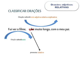 Fuiver o filme, foimuito longo, com o meu pai.
pronome relativo
Oração subordinada adjetiva relativa explicativa
Oração subordinante
CLASSIFICAR ORAÇÕES
que
 