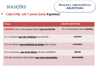 3.
Frases GRUPO ADJETIVAL
EXEMPLO:Eu vi um parque natural que era bonito. Eu vi um parque natural bonito.
3.1. O parque que nós visitámos era enorme. visitado
3.2. Os animais que avistámos ao longe eram corças. avistados
3.3. As pessoas, que eram idosas, ficaram satisfeitas. idosas
3.4. Elas avistaram várias flores que eram amareladas. amareladas
SOLUÇÕES
Cada GAdj. vale 1 ponto (total, 4 pontos)
 