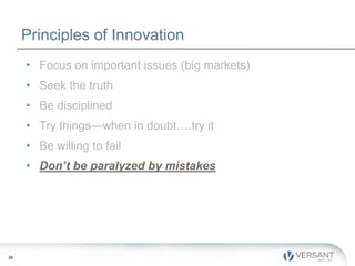 30
Principles of Innovation
• Focus on important issues (big markets)
• Seek the truth
• Be disciplined
• Try things—when ...