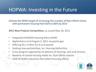 HOPWA: Investing in the Future
Achieve the NHAS target of increasing the number of Ryan White clients
    with permanent housing from 82% to 86% by 2015

2011 New Projects Competition, as issued May 18, 2011

•   Integrated HIV/AIDS Housing Plans (IHHP)
•   Applications rec’d August 2, 2011 via grants.gov
•   Offering $9.1 million for 6 to 8 awards
•   Seeking new partnerships, inc. Housing Authorities
•   Cross-program approaches to delivery of housing, care and services
•   Baseline of unmet housing needs inc. Ryan White reports
•   Help ID health outcomes that inform housing efforts
 