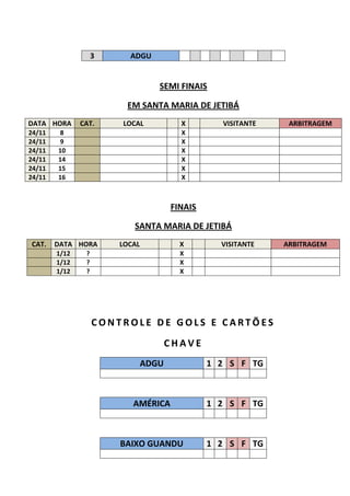 3     ADGU


                                   SEMI FINAIS

                         EM SANTA MARIA DE JETIBÁ
DATA HORA      CAT.     LOCAL            X        VISITANTE    ARBITRAGEM
24/11   8                                X
24/11   9                                X
24/11   10                               X
24/11   14                               X
24/11   15                               X
24/11   16                               X



                                       FINAIS

                           SANTA MARIA DE JETIBÁ
CAT.    DATA HORA       LOCAL            X        VISITANTE   ARBITRAGEM
        1/12    ?                        X
        1/12    ?                        X
        1/12    ?                        X




                    CONTROLE DE GOLS E CARTÕES
                                       CHAVE
                                ADGU            1 2 S F TG



                           AMÉRICA              1 2 S F TG



                        BAIXO GUANDU            1 2 S F TG
 